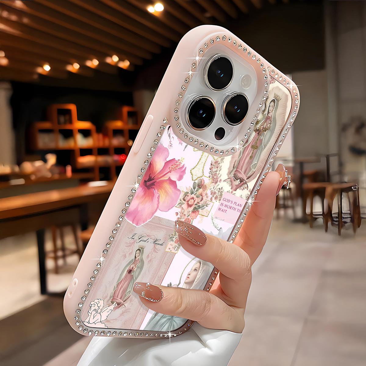 Virgin Mary Glitter Rhinestone iPhone Case – Luxury Crystal Diamond Shockproof Phone Cover with Airbag Protection for iPhone 11–17 Series