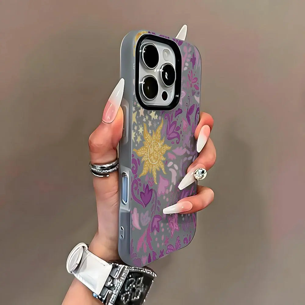 2-In-1 Preppy Tangled Sun Floral Silicone Cellphone Case & Lens Protector Kit - Double-Layer, Waterproof, Contemporary Art Casing, Customized, Street, Sporty, Durable Shockproof Cellphone Accessory for Iphone 13Pro Max,14,15,16,17