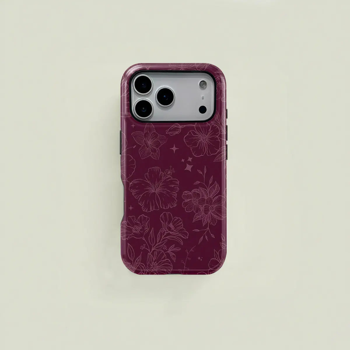 Wine-Red Retro Elegant Floral and Star Line Drawing Pattern Protective Case, Sturdy and Durable 2-In-1 Case, Compatible with Iphone 17/16/15/14/13/12/11 Pro Max/Plus/Pro, Samsung Galaxy S25/S24/S23 Ultra Series, Simple and Stylish Phone Case.