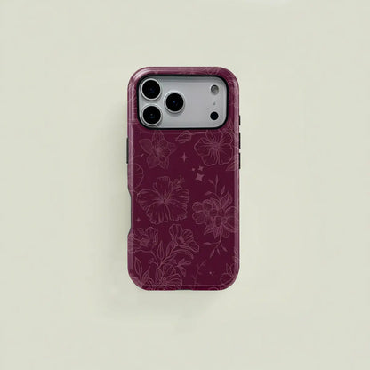 Wine-Red Retro Elegant Floral and Star Line Drawing Pattern Protective Case, Sturdy and Durable 2-In-1 Case, Compatible with Iphone 17/16/15/14/13/12/11 Pro Max/Plus/Pro, Samsung Galaxy S25/S24/S23 Ultra Series, Simple and Stylish Phone Case.