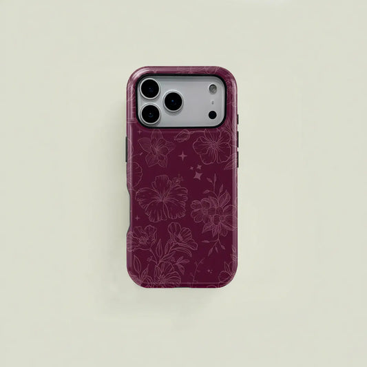 Wine-Red Retro Elegant Floral and Star Line Drawing Pattern Protective Case, Sturdy and Durable 2-In-1 Case, Compatible with Iphone 17/16/15/14/13/12/11 Pro Max/Plus/Pro, Samsung Galaxy S25/S24/S23 Ultra Series, Simple and Stylish Phone Case.