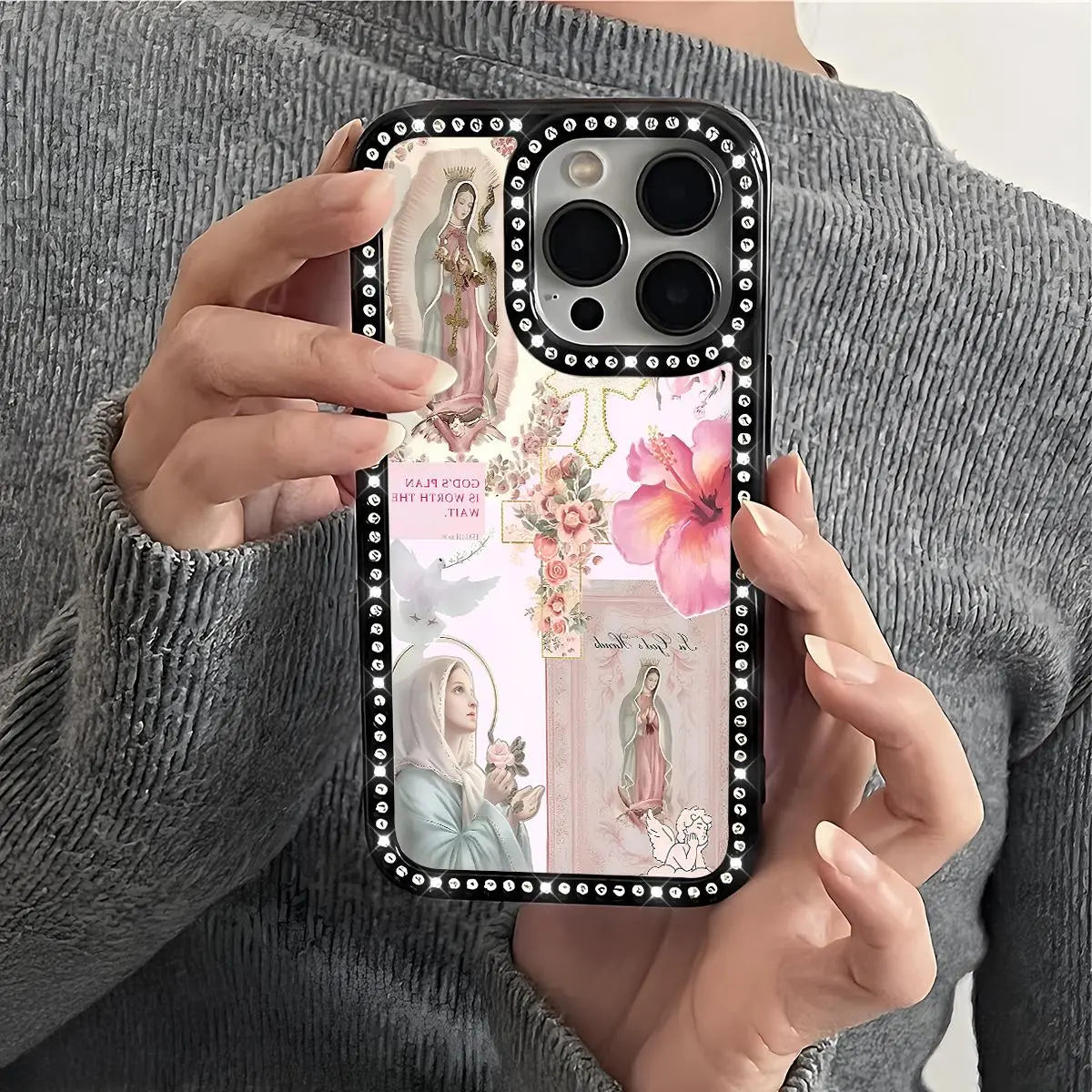 Virgin Mary Glitter Rhinestone iPhone Case – Luxury Crystal Diamond Shockproof Phone Cover with Airbag Protection for iPhone 11–17 Series