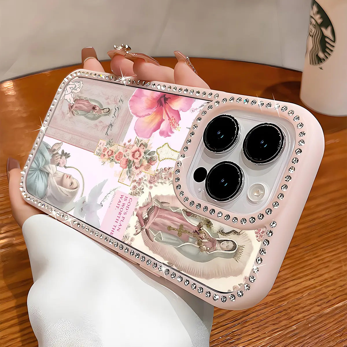 Virgin Mary Glitter Rhinestone iPhone Case – Luxury Crystal Diamond Shockproof Phone Cover with Airbag Protection for iPhone 11–17 Series