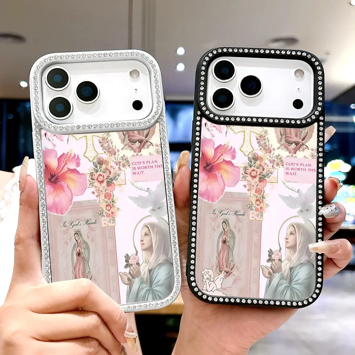 Virgin Mary Glitter Rhinestone iPhone Case – Luxury Crystal Diamond Shockproof Phone Cover with Airbag Protection for iPhone 11–17 Series