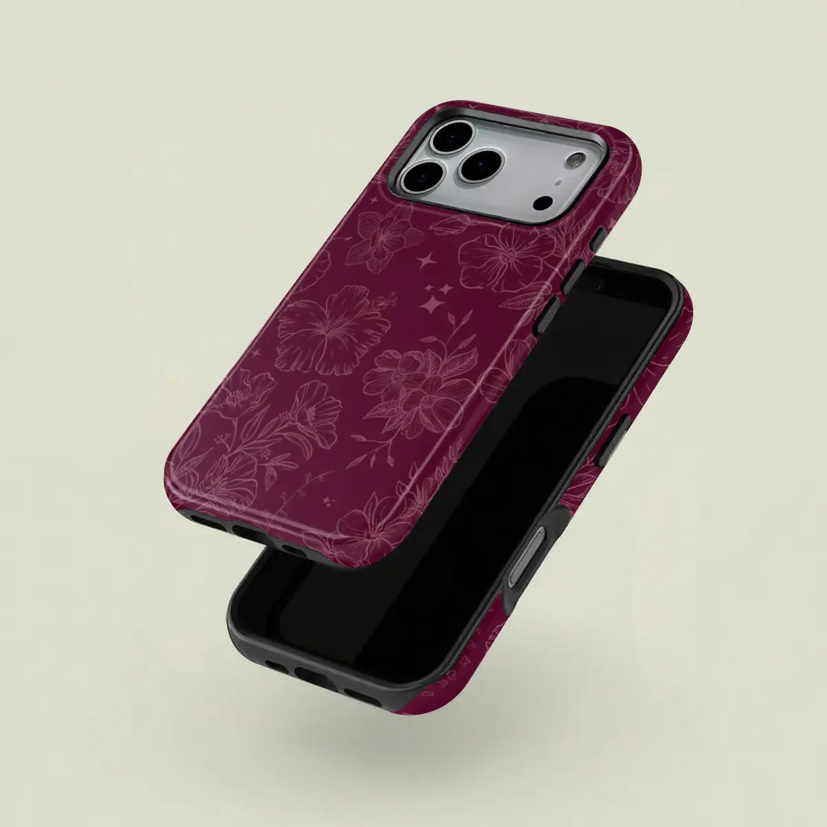 Wine-Red Retro Elegant Floral and Star Line Drawing Pattern Protective Case, Sturdy and Durable 2-In-1 Case, Compatible with Iphone 17/16/15/14/13/12/11 Pro Max/Plus/Pro, Samsung Galaxy S25/S24/S23 Ultra Series, Simple and Stylish Phone Case.