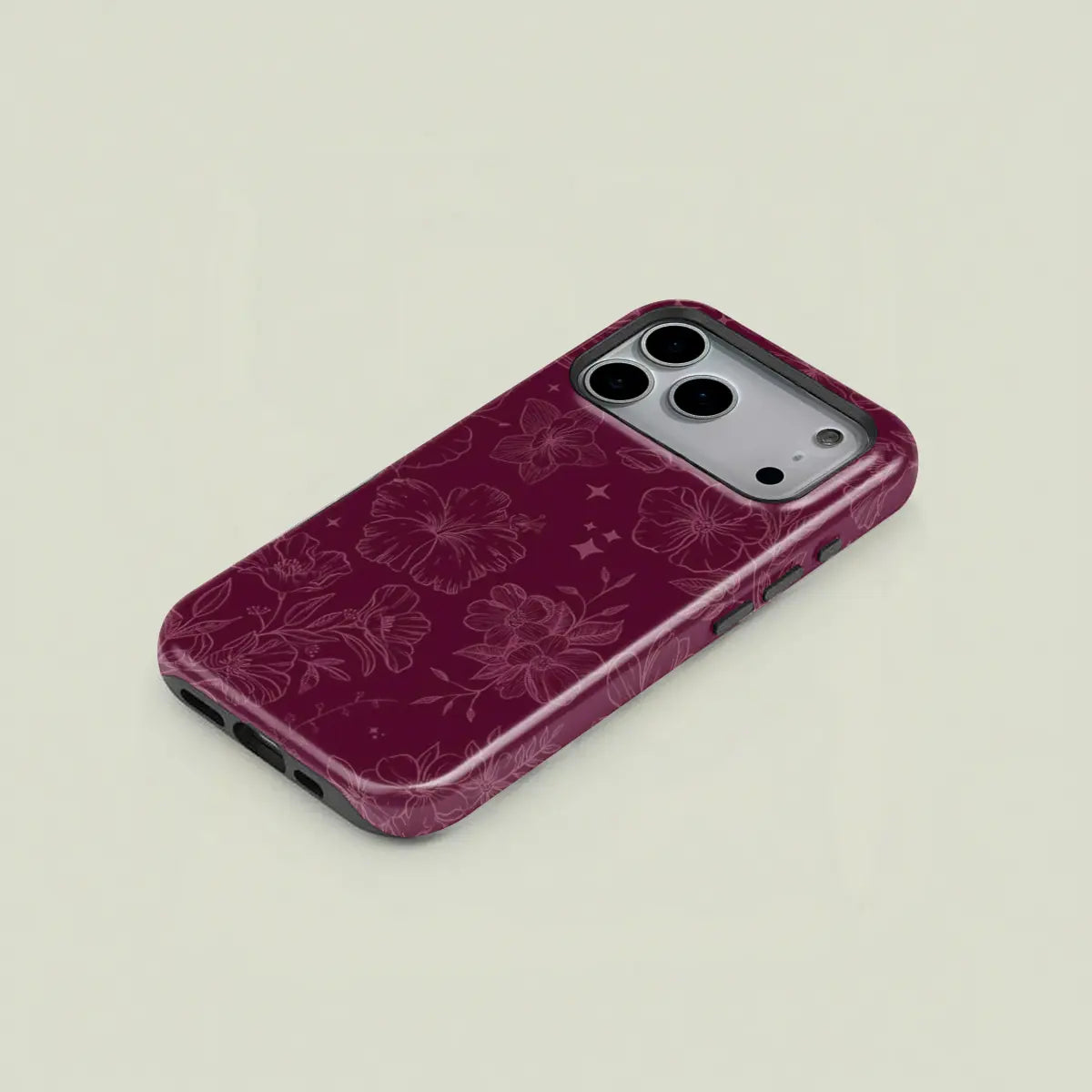 Wine-Red Retro Elegant Floral and Star Line Drawing Pattern Protective Case, Sturdy and Durable 2-In-1 Case, Compatible with Iphone 17/16/15/14/13/12/11 Pro Max/Plus/Pro, Samsung Galaxy S25/S24/S23 Ultra Series, Simple and Stylish Phone Case.