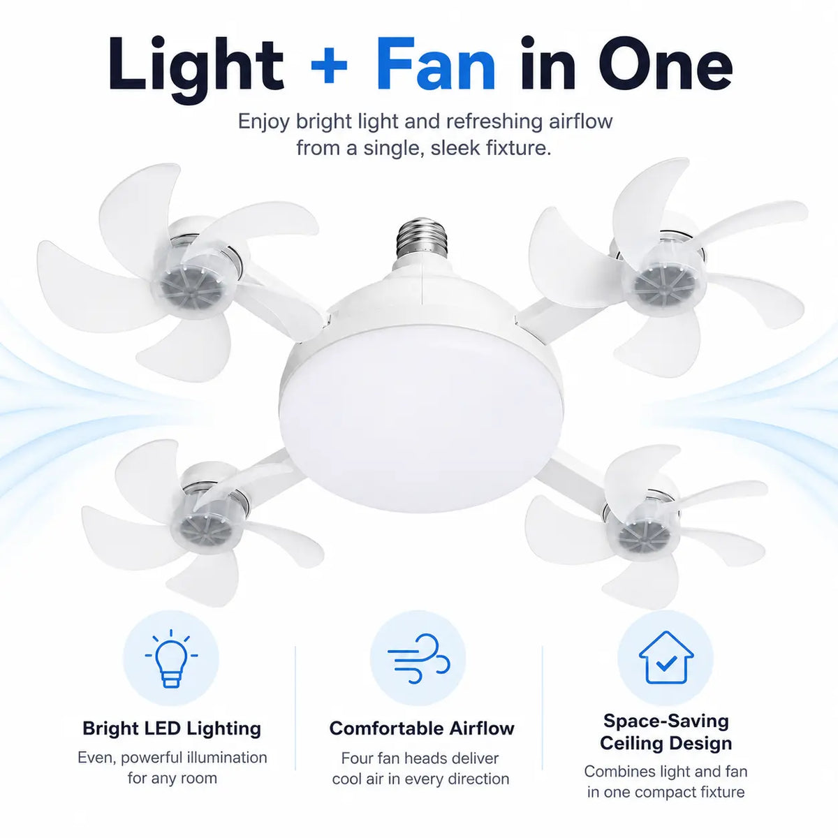 LED Ceiling Fan Light with Remote Control – 19.7" Foldable Screw-In E26 Socket Fan, Quiet Ceiling Fan for Bedroom, Kitchen, Garage & Office