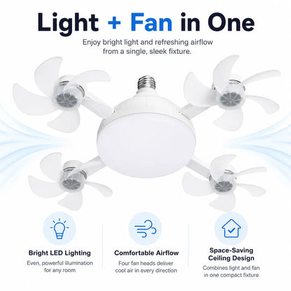 LED Ceiling Fan Light with Remote Control – 19.7" Foldable Screw-In E26 Socket Fan, Quiet Ceiling Fan for Bedroom, Kitchen, Garage & Office