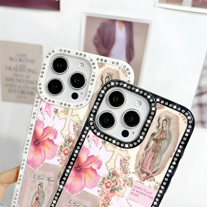 Virgin Mary Glitter Rhinestone iPhone Case – Luxury Crystal Diamond Shockproof Phone Cover with Airbag Protection for iPhone 11–17 Series