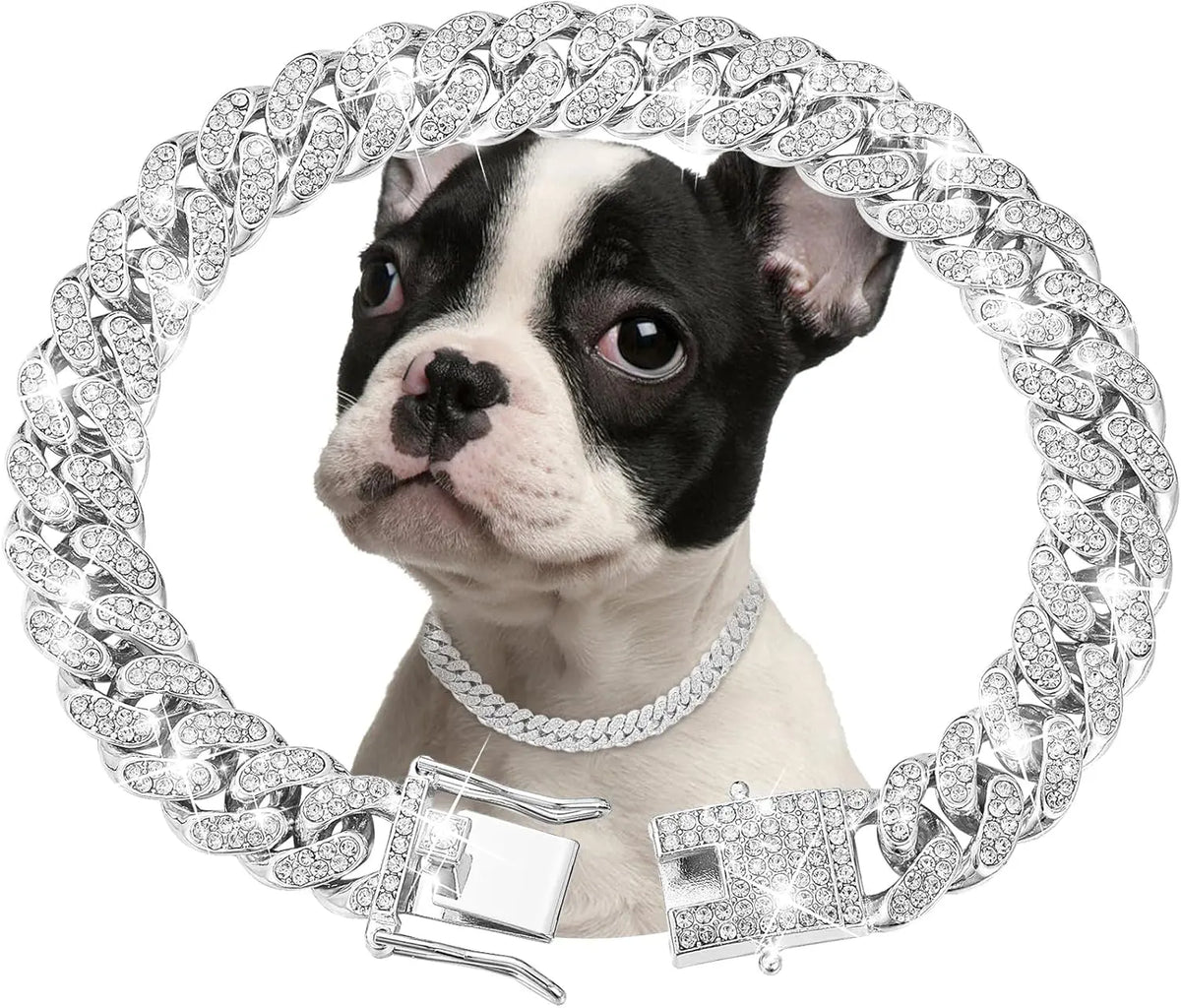 Silver Diamond Cuban Link Dog Collar - 13mm Wide Metal Chain Necklace for Small, Medium, and Large Dogs and Cats (16 Inch)
