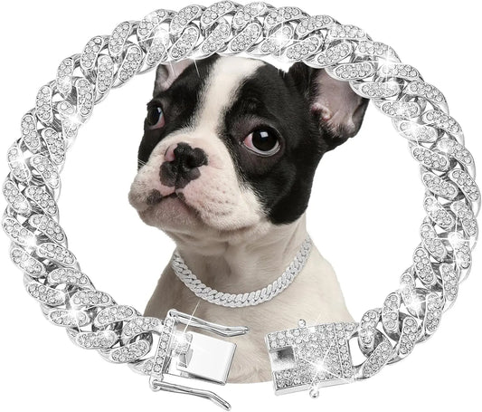 Silver Diamond Cuban Link Dog Collar - 13mm Wide Metal Chain Necklace for Small, Medium, and Large Dogs and Cats (16 Inch)