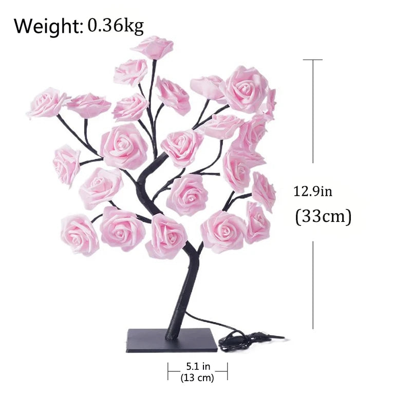 **24 LED Rose Tree Table Lamp – USB Fairy Flower Night Light for Bedroom, Home, Wedding & Christmas Decor**