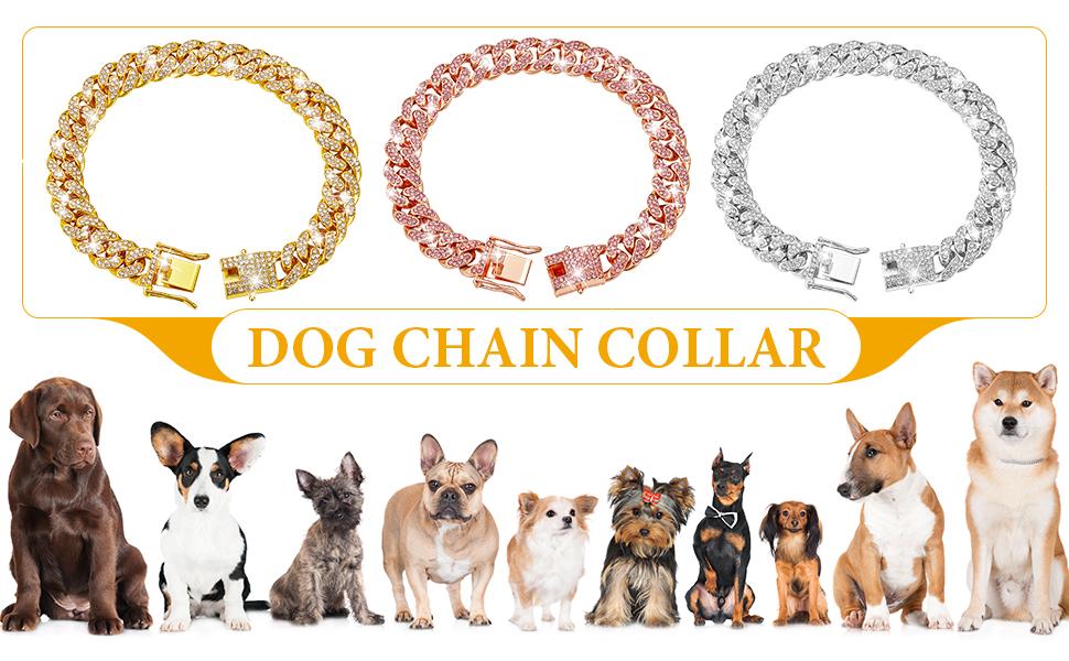 Silver Diamond Cuban Link Dog Collar - 13mm Wide Metal Chain Necklace for Small, Medium, and Large Dogs and Cats (16 Inch)