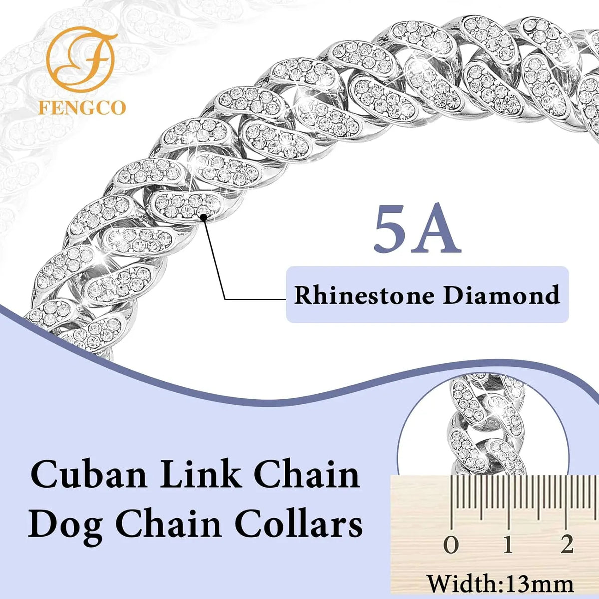 Silver Diamond Cuban Link Dog Collar - 13mm Wide Metal Chain Necklace for Small, Medium, and Large Dogs and Cats (16 Inch)
