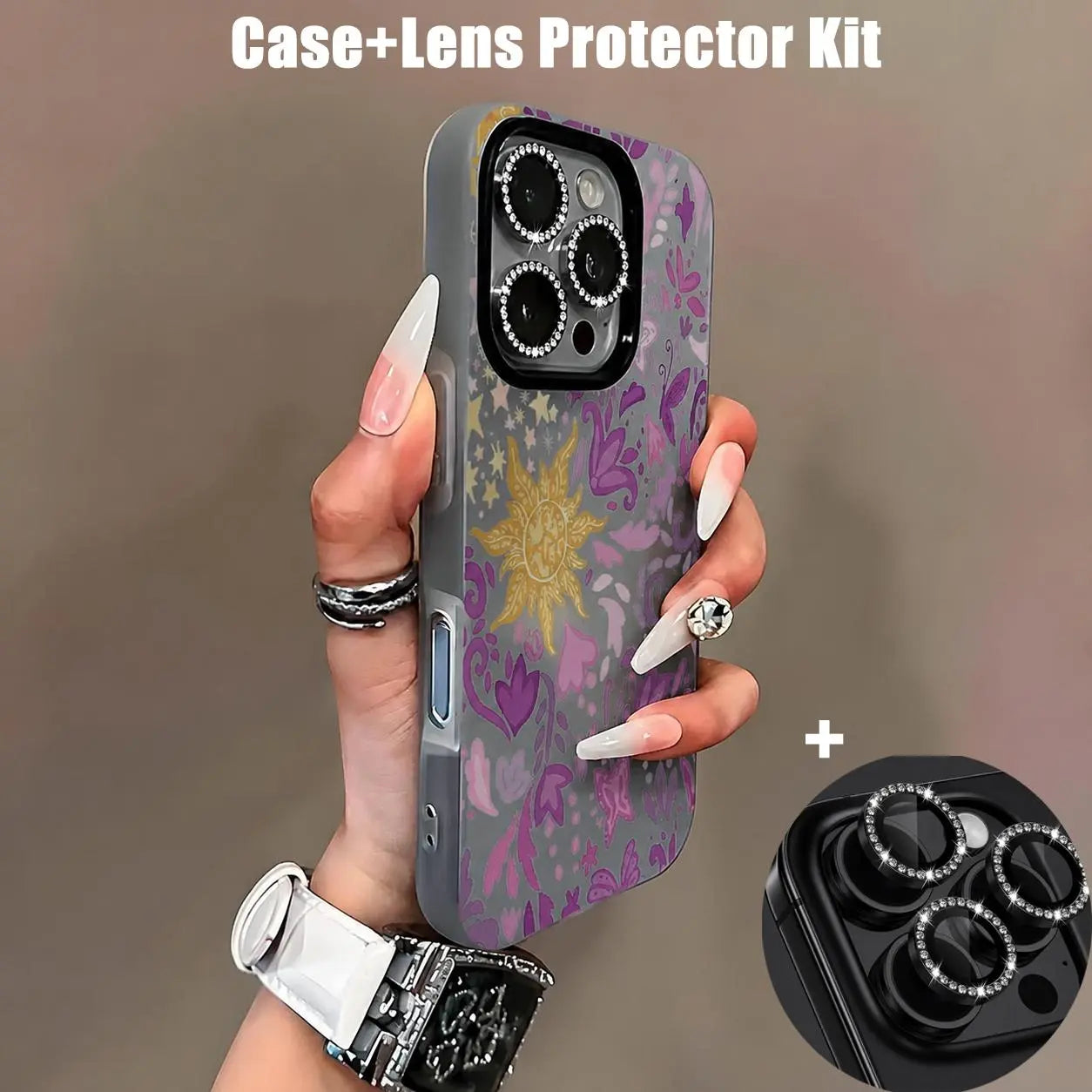 2-In-1 Preppy Tangled Sun Floral Silicone Cellphone Case & Lens Protector Kit - Double-Layer, Waterproof, Contemporary Art Casing, Customized, Street, Sporty, Durable Shockproof Cellphone Accessory for Iphone 13Pro Max,14,15,16,17