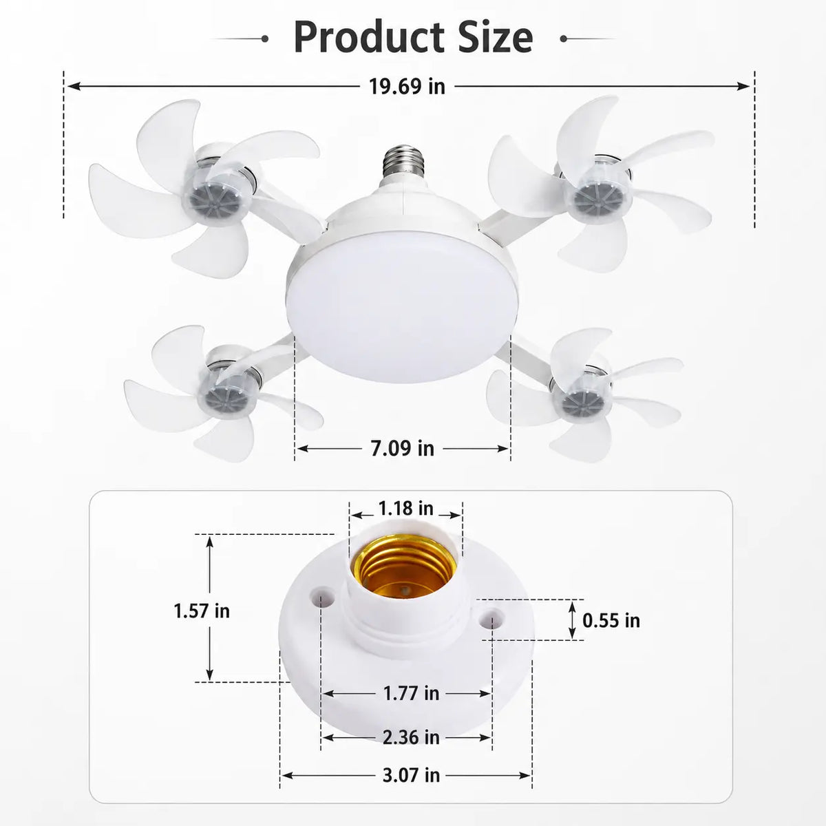 LED Ceiling Fan Light with Remote Control – 19.7" Foldable Screw-In E26 Socket Fan, Quiet Ceiling Fan for Bedroom, Kitchen, Garage & Office