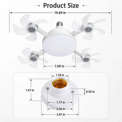LED Ceiling Fan Light with Remote Control – 19.7" Foldable Screw-In E26 Socket Fan, Quiet Ceiling Fan for Bedroom, Kitchen, Garage & Office