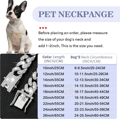 Silver Diamond Cuban Link Dog Collar - 13mm Wide Metal Chain Necklace for Small, Medium, and Large Dogs and Cats (16 Inch)
