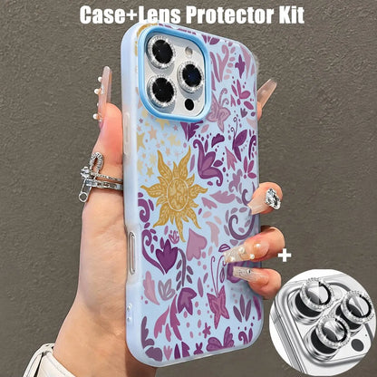2-In-1 Preppy Tangled Sun Floral Silicone Cellphone Case & Lens Protector Kit - Double-Layer, Waterproof, Contemporary Art Casing, Customized, Street, Sporty, Durable Shockproof Cellphone Accessory for Iphone 13Pro Max,14,15,16,17