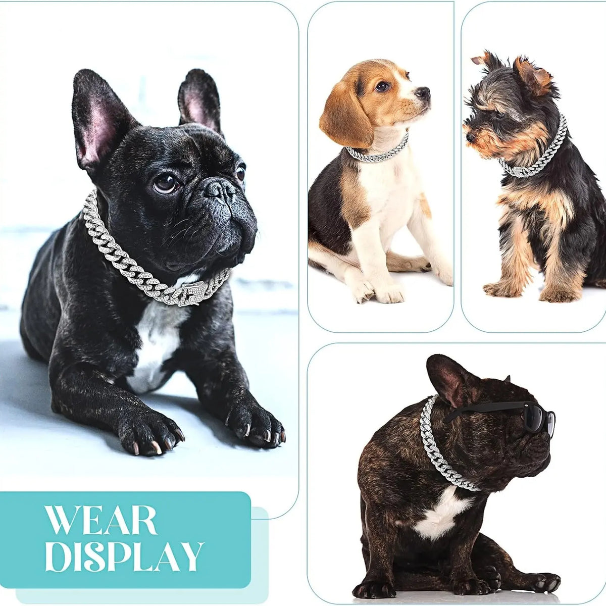 Silver Diamond Cuban Link Dog Collar - 13mm Wide Metal Chain Necklace for Small, Medium, and Large Dogs and Cats (16 Inch)