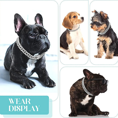 Silver Diamond Cuban Link Dog Collar - 13mm Wide Metal Chain Necklace for Small, Medium, and Large Dogs and Cats (16 Inch)