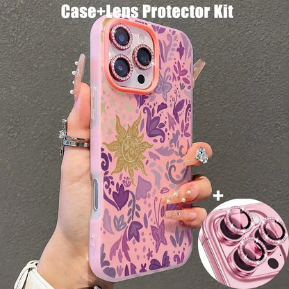 2-In-1 Preppy Tangled Sun Floral Silicone Cellphone Case & Lens Protector Kit - Double-Layer, Waterproof, Contemporary Art Casing, Customized, Street, Sporty, Durable Shockproof Cellphone Accessory for Iphone 13Pro Max,14,15,16,17