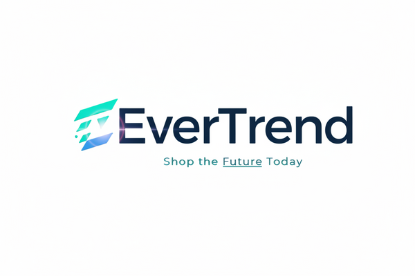The EverTrend logo is displayed on a solid white background, featuring a stylized geometric 'E' icon in a teal-to-blue gradient next to the brand name 'EverTrend' in dark navy blue, with the tagline 'Shop the Future Today' written underneath in teal.