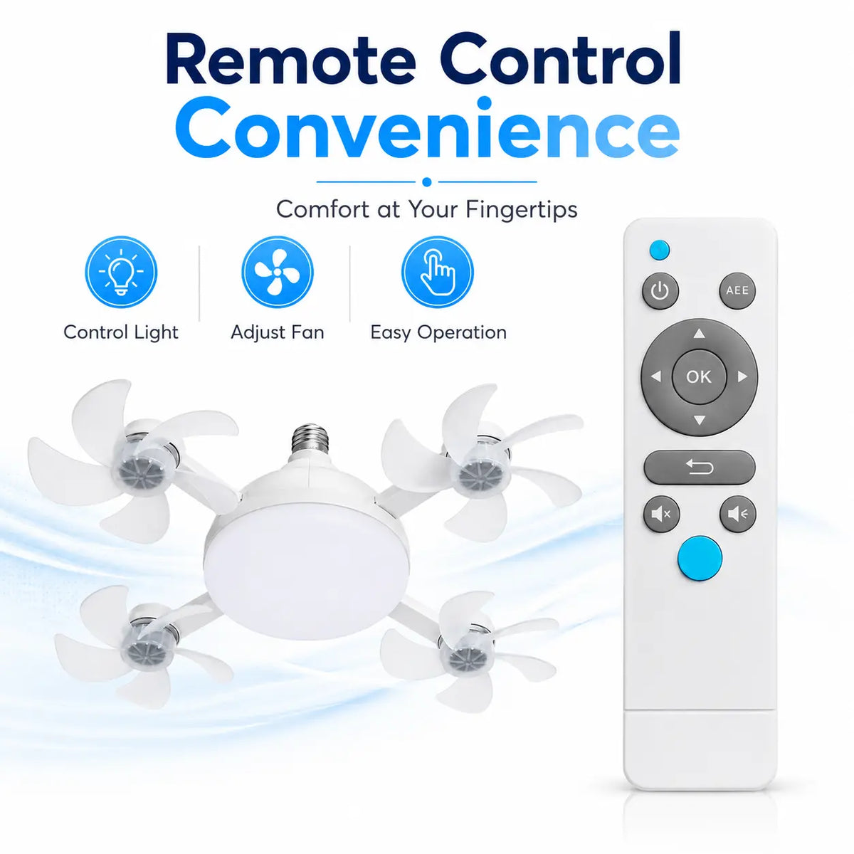 LED Ceiling Fan Light with Remote Control – 19.7" Foldable Screw-In E26 Socket Fan, Quiet Ceiling Fan for Bedroom, Kitchen, Garage & Office