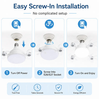 LED Ceiling Fan Light with Remote Control – 19.7" Foldable Screw-In E26 Socket Fan, Quiet Ceiling Fan for Bedroom, Kitchen, Garage & Office