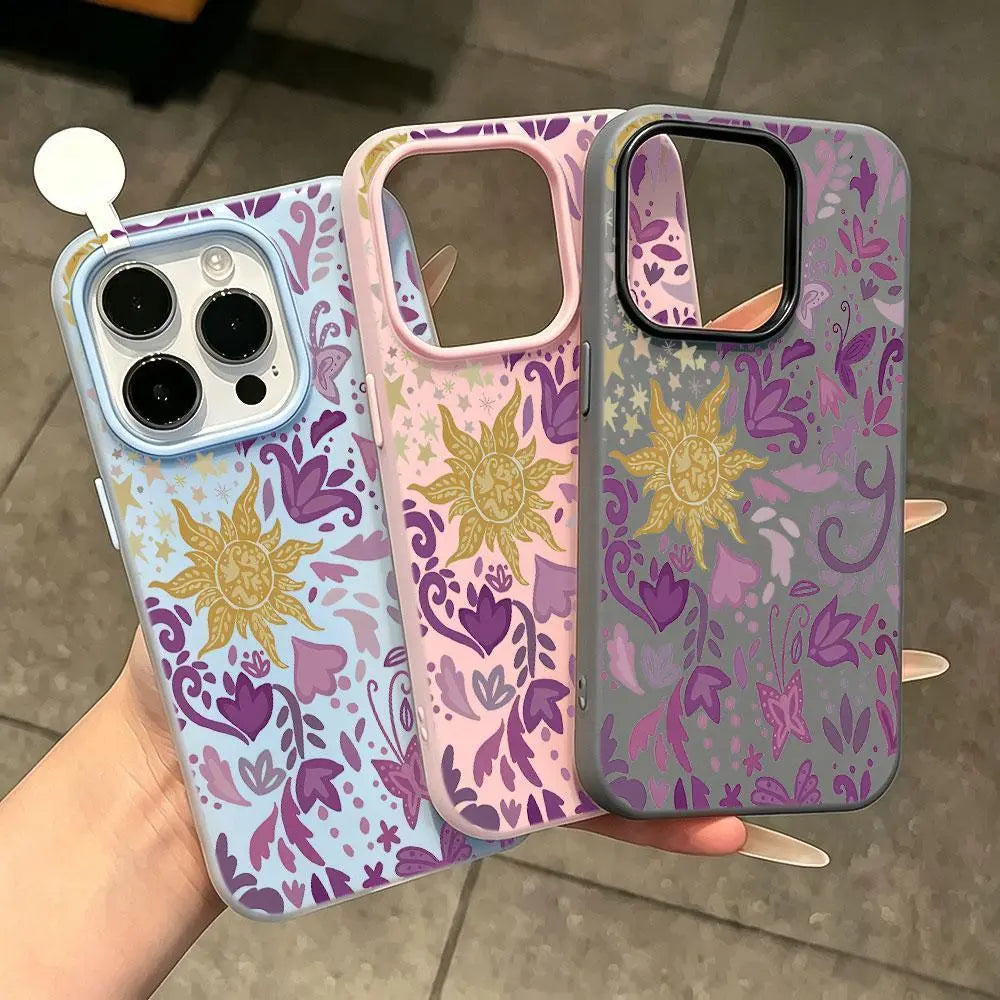 2-In-1 Preppy Tangled Sun Floral Silicone Cellphone Case & Lens Protector Kit - Double-Layer, Waterproof, Contemporary Art Casing, Customized, Street, Sporty, Durable Shockproof Cellphone Accessory for Iphone 13Pro Max,14,15,16,17
