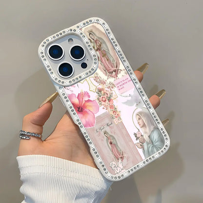 Virgin Mary Glitter Rhinestone iPhone Case – Luxury Crystal Diamond Shockproof Phone Cover with Airbag Protection for iPhone 11–17 Series