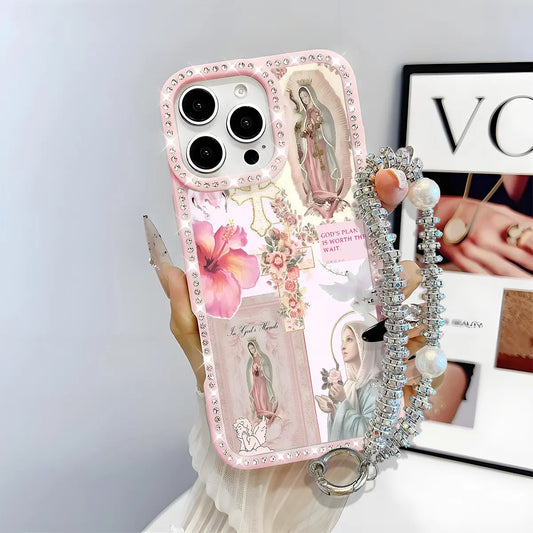 Virgin Mary Glitter Rhinestone iPhone Case – Luxury Crystal Diamond Shockproof Phone Cover with Airbag Protection for iPhone 11–17 Series