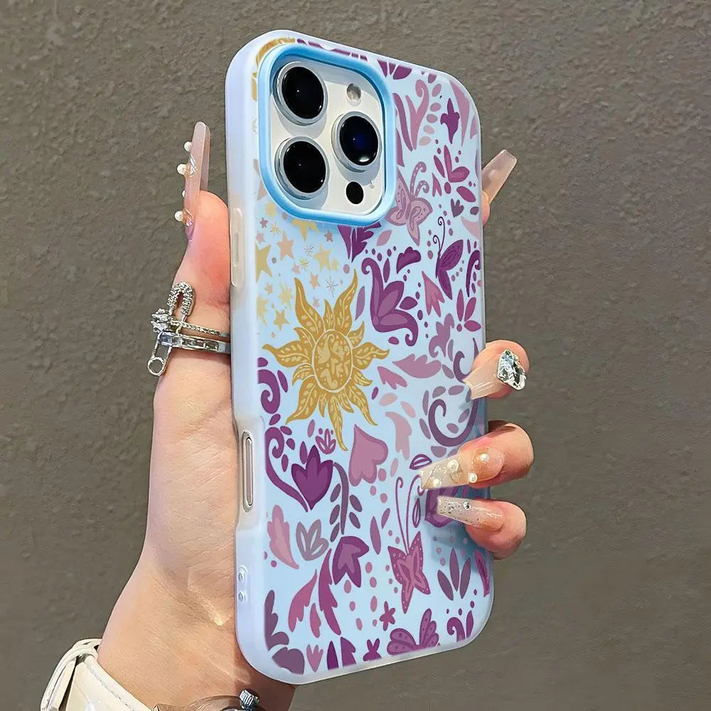 2-In-1 Preppy Tangled Sun Floral Silicone Cellphone Case & Lens Protector Kit - Double-Layer, Waterproof, Contemporary Art Casing, Customized, Street, Sporty, Durable Shockproof Cellphone Accessory for Iphone 13Pro Max,14,15,16,17