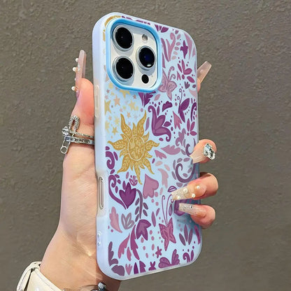 2-In-1 Preppy Tangled Sun Floral Silicone Cellphone Case & Lens Protector Kit - Double-Layer, Waterproof, Contemporary Art Casing, Customized, Street, Sporty, Durable Shockproof Cellphone Accessory for Iphone 13Pro Max,14,15,16,17
