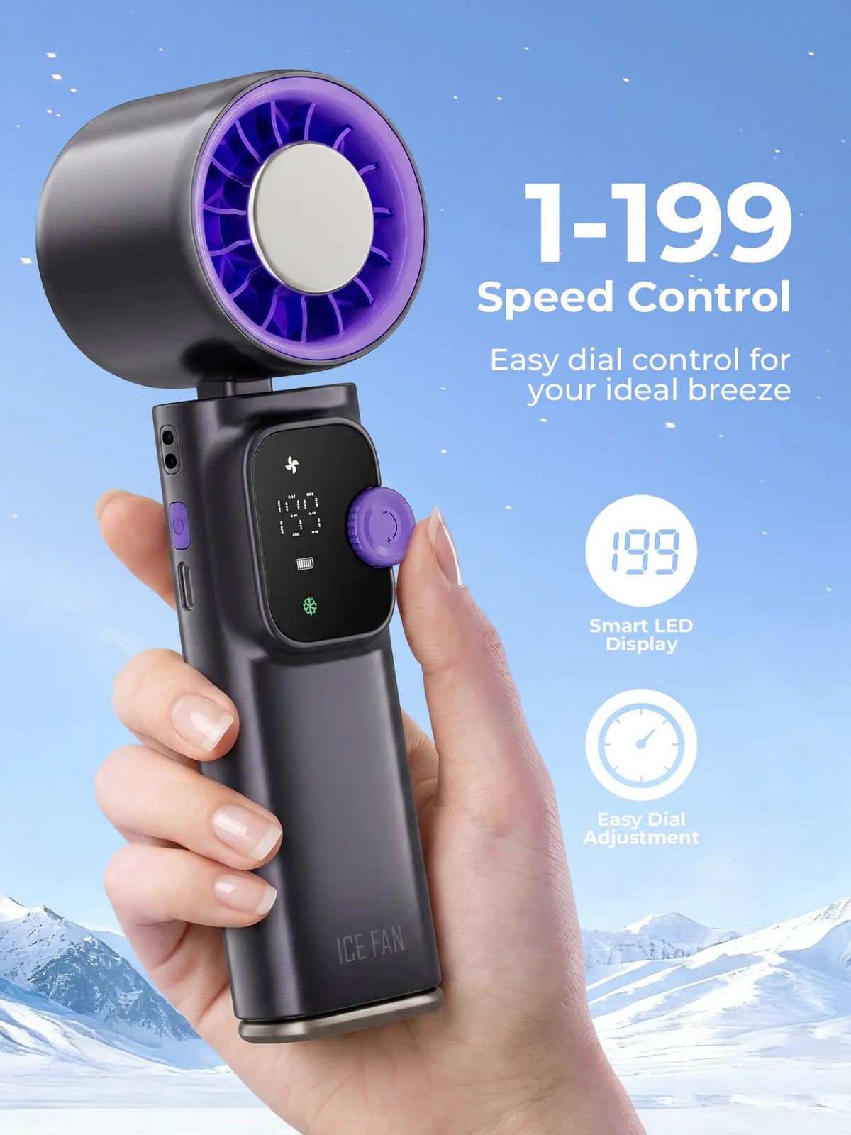 Cordless Portable Cooling Fan with 199-Speed Wind Control – Foldable Rechargeable Ice Fan for Indoor & Outdoor Use