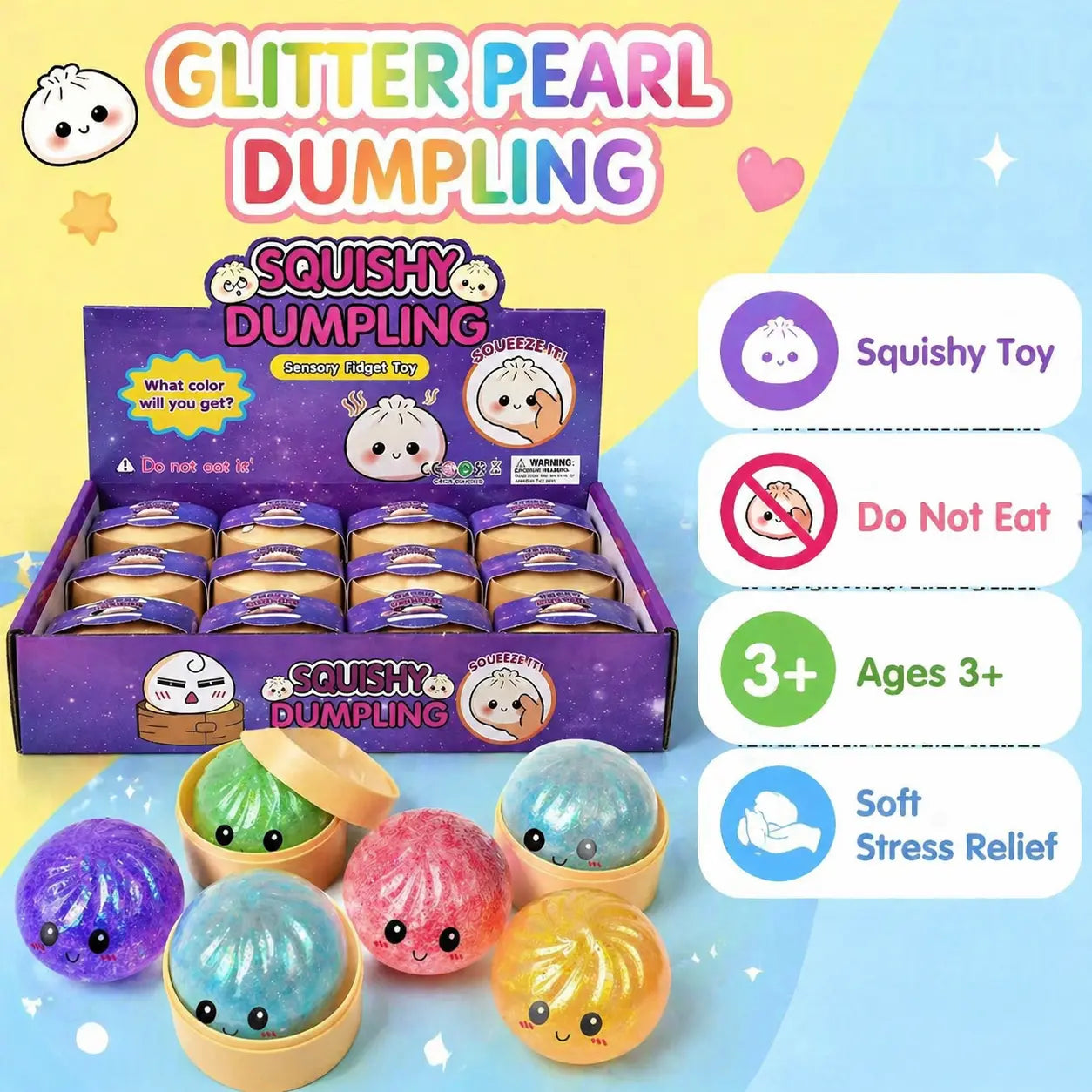 12 Psc per Box Glitter Dumpling Squishy - Random Glitter Dumpling Box, Dumplings Squishy Toy, More Surprises (Random) Stress Glutinous