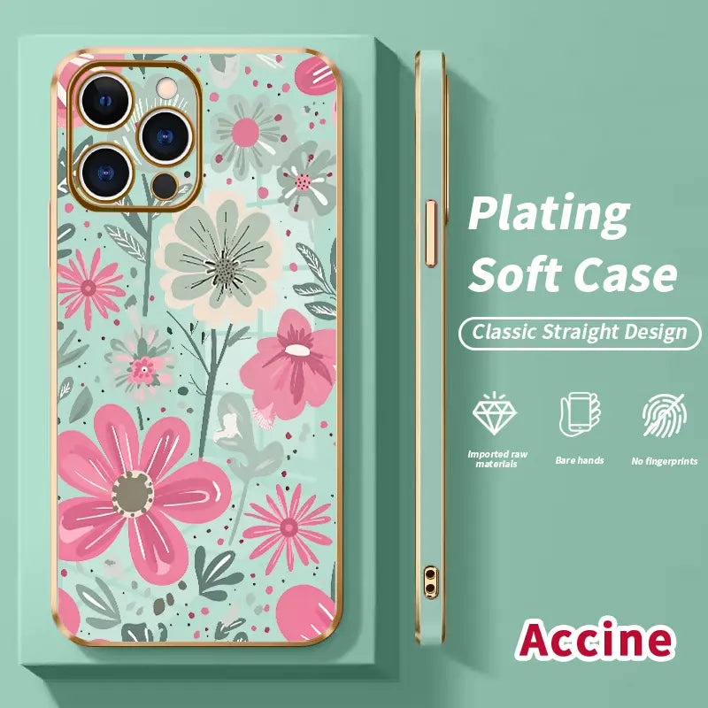 Electroplated Phone Case for Iphone 17 Pro Max Air 16 15 14 plus 13 12 11 Floral Delight Pattern Soft TPU Silicone Dirt-Proof Easy to Clean Soft Cover Gift