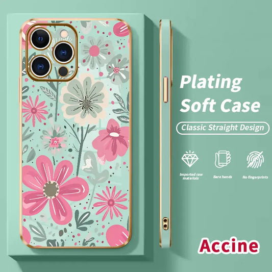Electroplated Phone Case for Iphone 17 Pro Max Air 16 15 14 plus 13 12 11 Floral Delight Pattern Soft TPU Silicone Dirt-Proof Easy to Clean Soft Cover Gift