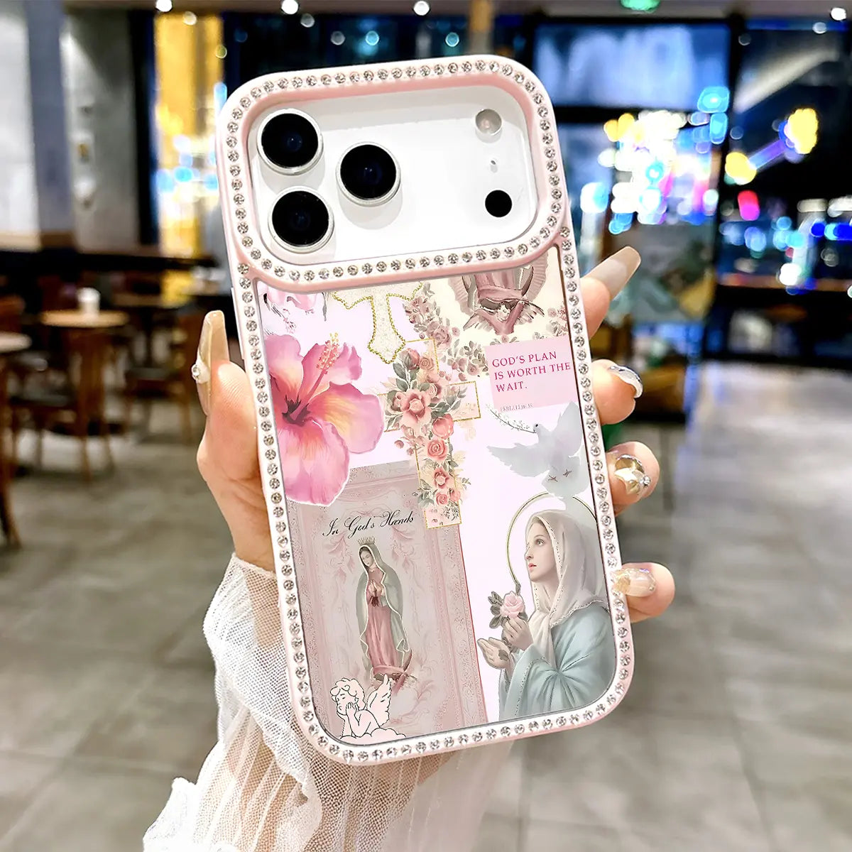 Virgin Mary Glitter Rhinestone iPhone Case – Luxury Crystal Diamond Shockproof Phone Cover with Airbag Protection for iPhone 11–17 Series