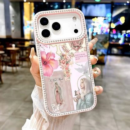 Virgin Mary Glitter Rhinestone iPhone Case – Luxury Crystal Diamond Shockproof Phone Cover with Airbag Protection for iPhone 11–17 Series