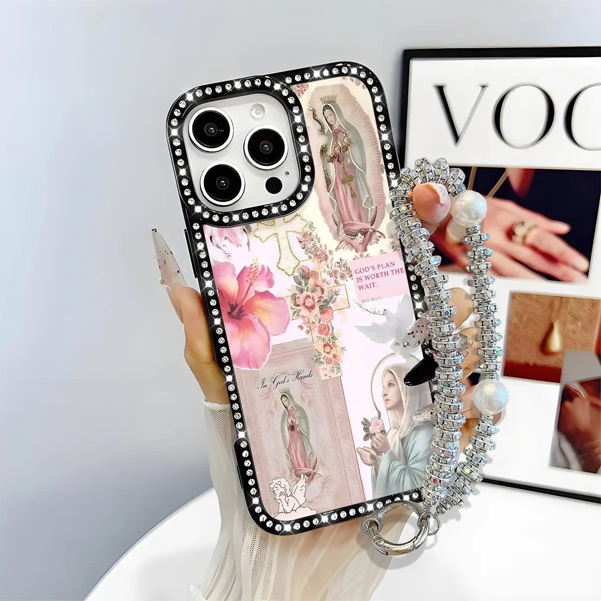 Virgin Mary Glitter Rhinestone iPhone Case – Luxury Crystal Diamond Shockproof Phone Cover with Airbag Protection for iPhone 11–17 Series