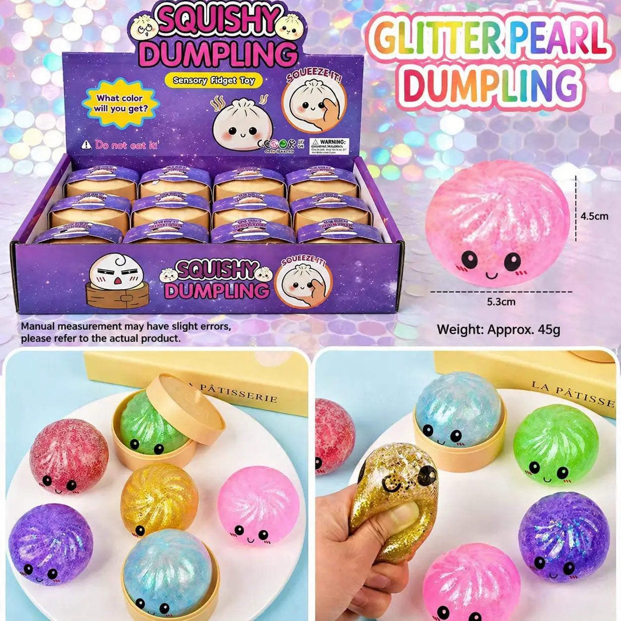 12 Psc per Box Glitter Dumpling Squishy - Random Glitter Dumpling Box, Dumplings Squishy Toy, More Surprises (Random) Stress Glutinous