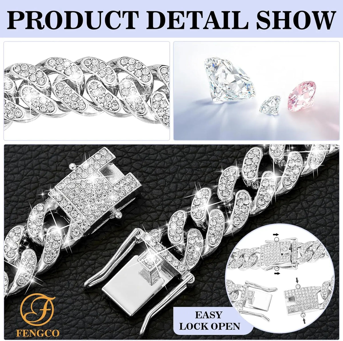 Silver Diamond Cuban Link Dog Collar - 13mm Wide Metal Chain Necklace for Small, Medium, and Large Dogs and Cats (16 Inch)