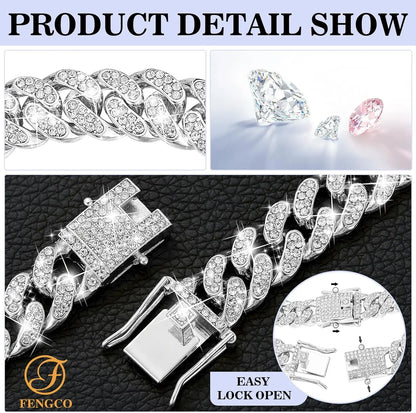 Silver Diamond Cuban Link Dog Collar - 13mm Wide Metal Chain Necklace for Small, Medium, and Large Dogs and Cats (16 Inch)