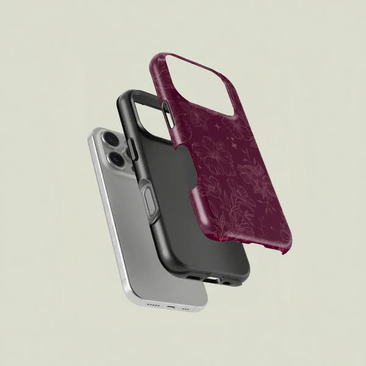Wine-Red Retro Elegant Floral and Star Line Drawing Pattern Protective Case, Sturdy and Durable 2-In-1 Case, Compatible with Iphone 17/16/15/14/13/12/11 Pro Max/Plus/Pro, Samsung Galaxy S25/S24/S23 Ultra Series, Simple and Stylish Phone Case.