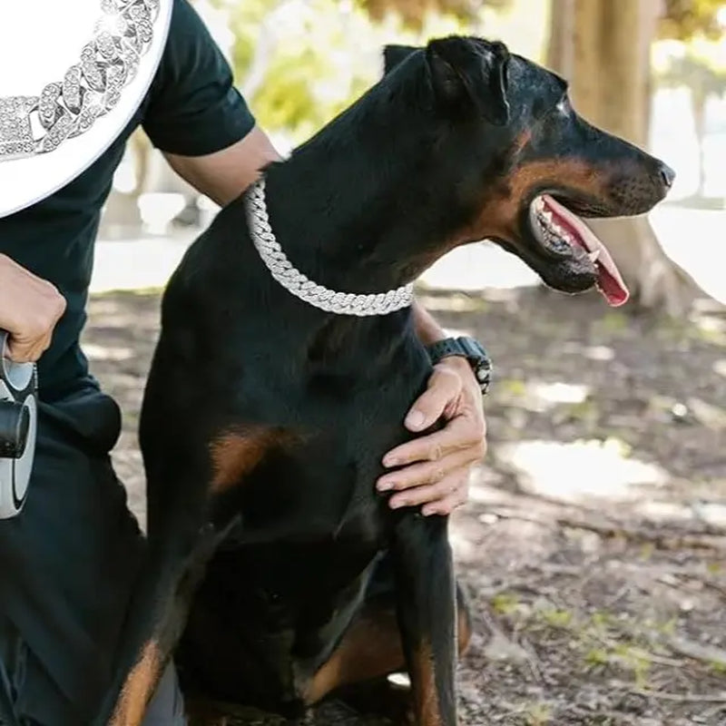 Silver Diamond Cuban Link Dog Collar - 13mm Wide Metal Chain Necklace for Small, Medium, and Large Dogs and Cats (16 Inch)