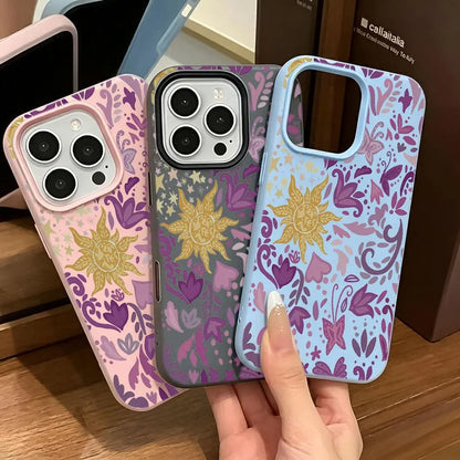 2-In-1 Preppy Tangled Sun Floral Silicone Cellphone Case & Lens Protector Kit - Double-Layer, Waterproof, Contemporary Art Casing, Customized, Street, Sporty, Durable Shockproof Cellphone Accessory for Iphone 13Pro Max,14,15,16,17